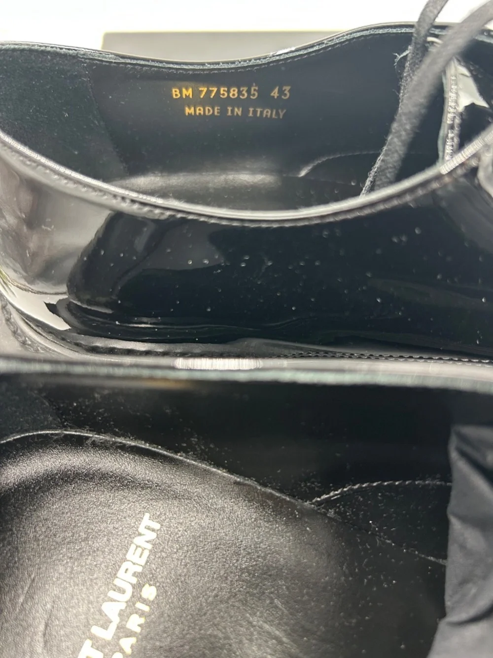 Men’s St. Laurent Black Patent Leather Derby Lace-Ups.  Size 43/10 US.